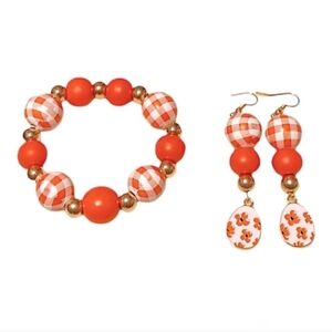 HANDMADE Easter Egg Earrings with Orange & White Plaid Beaded Stretch Bracelet